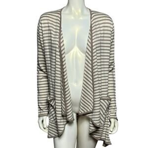 For Cynthia Long Cardigan Tan Stripe Open Front Lightweight Sweater Size L